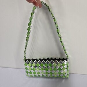 Vintage Unique Woven Silver Green Checkerboard Handbag Shoulder Bag
